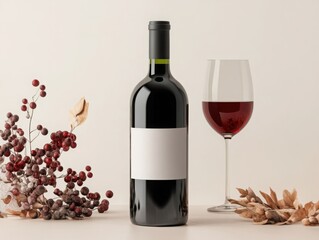 A bottle of red wine sits beside a glass and decorative autumn foliage, creating an elegant, seasonal display ideal for gatherings or cozy evenings.