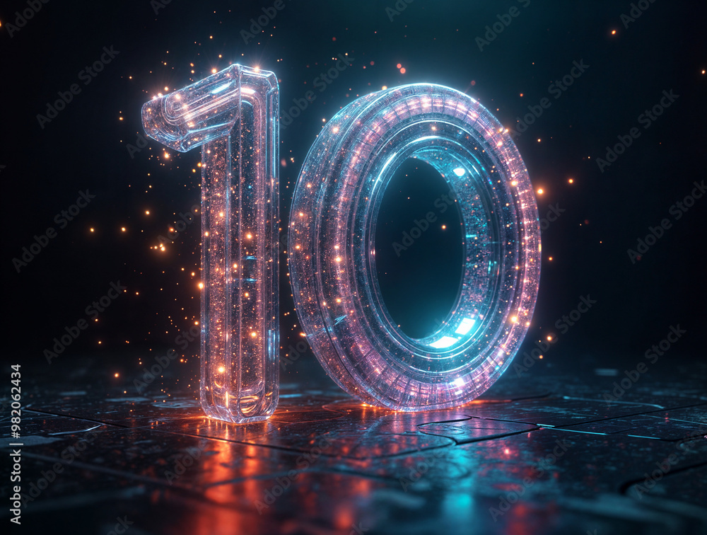 Aufkleber neon cyberpunk number 10 on technology dark background . generative ai