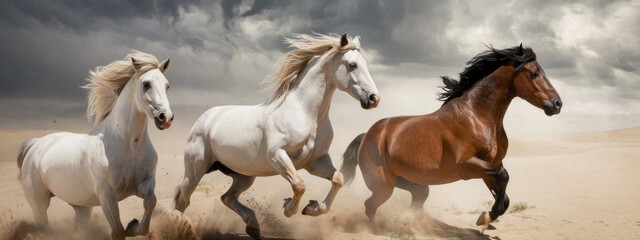 Group of horse run gallop in sand