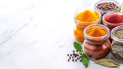 A minimalist composition featuring a collection of spices and herbs in stylish glass jars, displayed on a marble countertop. The vibrant colors of the spices pop against the clean, white background,
