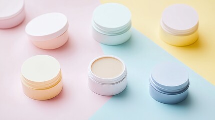Brightly colored cosmetic containers arranged on a pastel backdrop, showcasing a variety of skincare products in a creative layout