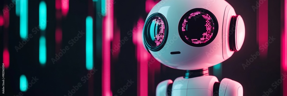 Poster white robot with digital eyes on abstract background, artificial intelligence, machine learning