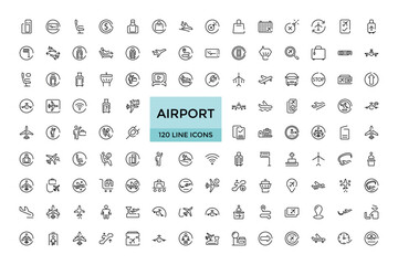 Set of line icons related to airport. Linear icon collection. Editable stroke. Big web and UI icon set in a flat design. Thin outline icons pack. Vector illustration