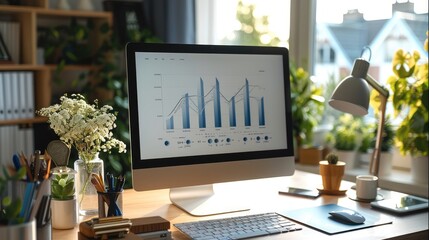 A desk visualization tools and computers to investigate real estate price. Generative AI.