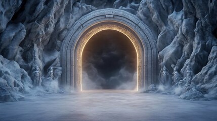 Naklejka premium A mystical stone archway illuminated by ethereal light, surrounded by icy rocks and a mysterious fog.