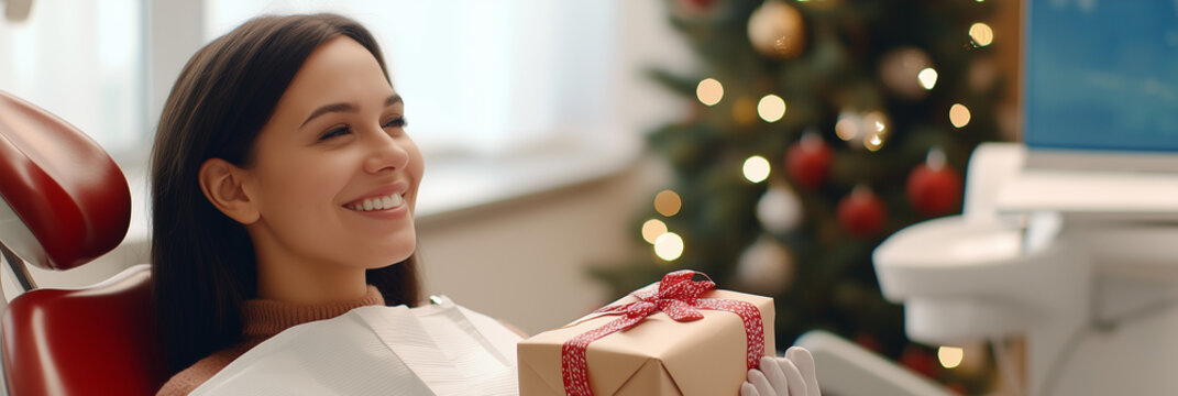 A patient sitting in a dental chair receiving a festive gift, creating a cheerful and welcoming atmosphere in the dental office during the holiday season.
