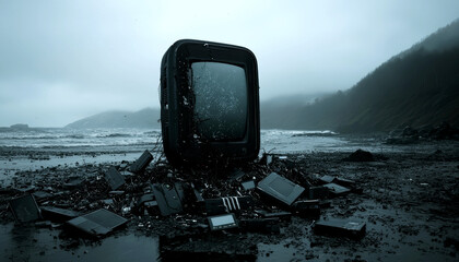 A desolate landscape features an old television set surrounded by debris, muted colors, and a moody atmosphere, evoking feelings of abandonment and solitude.