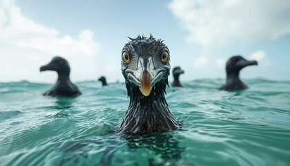 Fototapeta premium A close-up of a curious bird above water, with several similar birds in the background, surrounded by turquoise waves.