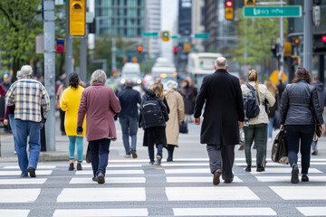 Pedestrians crossing a busy city street on a cool day in downtown, showcasing a mix of people and urban life