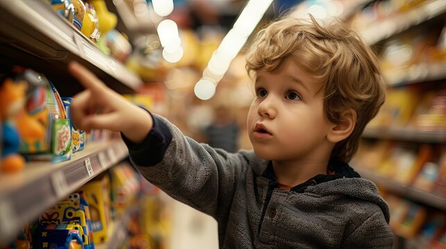A small child in a toy store points to the desired toy with a ball. A little boy asks to buy a toy.