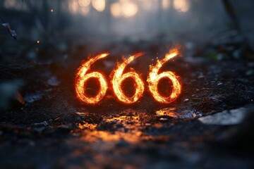 Fiery Representation of the Number 666 on a Forest Floor at Twilight, Creating an Eerie Atmosphere Surrounded by Trees