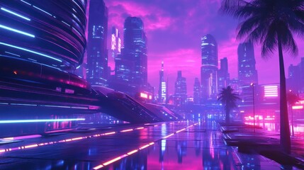 Fototapeta premium Futuristic cityscape with neon lights and reflections, creating a vibrant cyberpunk atmosphere.