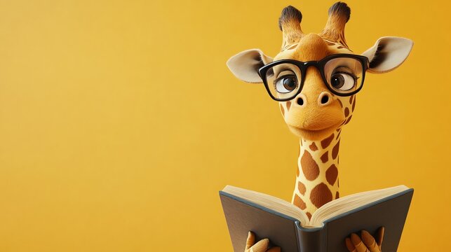 Fototapeta A cartoon giraffe wearing glasses is reading a book.