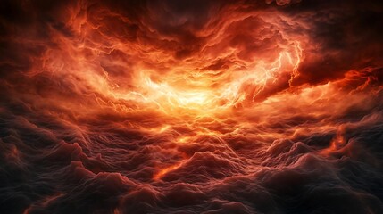 Fototapeta premium Dramatic clouds illuminated by fiery hues of orange and red, creating a captivating and otherworldly sky scene.