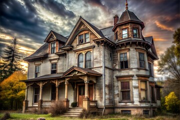 Weathered victorian house standing in fading light of sunset