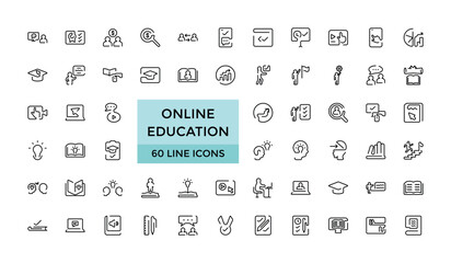 Online education and seminar line icons set, Big web and UI icon set in a flat design. Thin outline icons pack. Vector illustration