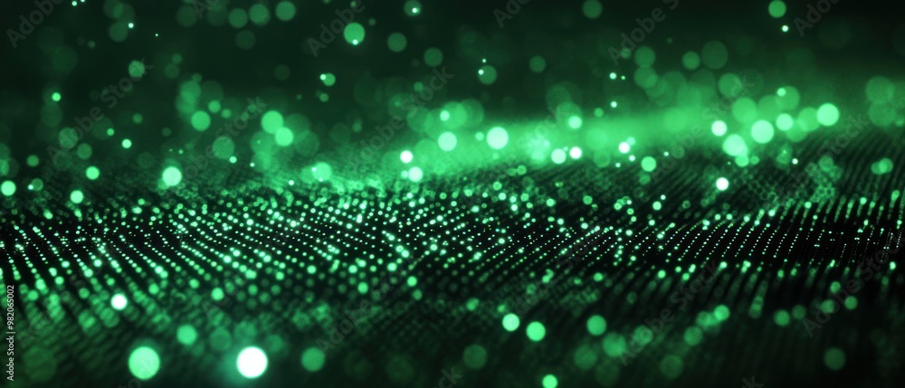 Poster a vibrant green abstract background with glowing particles and a textured surface.