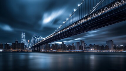 Obraz premium A Nighttime View of the Brooklyn Bridge with a Blurred Sky