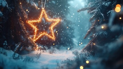 Luminous shining christmas star among a snowy winter landscape creative magic New Year and Christmas card