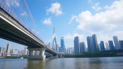 Fototapeta premium Modern Suspension Bridge Over a River in a Cityscape