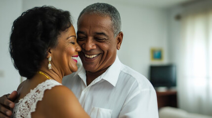 Obraz premium A joyful couple dances together in a cozy living room during a sunny afternoon