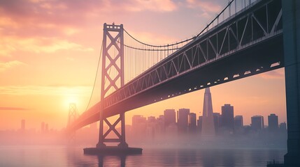 Fototapeta premium A bridge over a foggy cityscape at sunrise