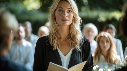 Woman, A calm and empathetic funeral speaker with blond hair, standing confidently in front of a small group, delivering a heartfelt speech. Generative AI.