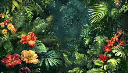 Fototapeta premium A lush jungle scene with vibrant green leaves and exotic flowers, bringing the warmth of the tropics to your screen