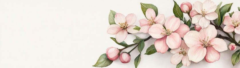 Apple blossoms, light pink petals, soft watercolor sketch, botanical illustration, fine details, serene springtime, hand-drawn floral art