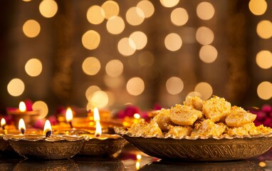 Obraz premium Traditional festive sweets and glowing oil lamps on a table with a warm, golden bokeh background.