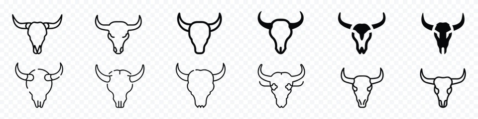 Bull Skull icon, bull skull icon isolated transparent background, symmetrical bull skull head with horns front view colorless black and white outline silhouette