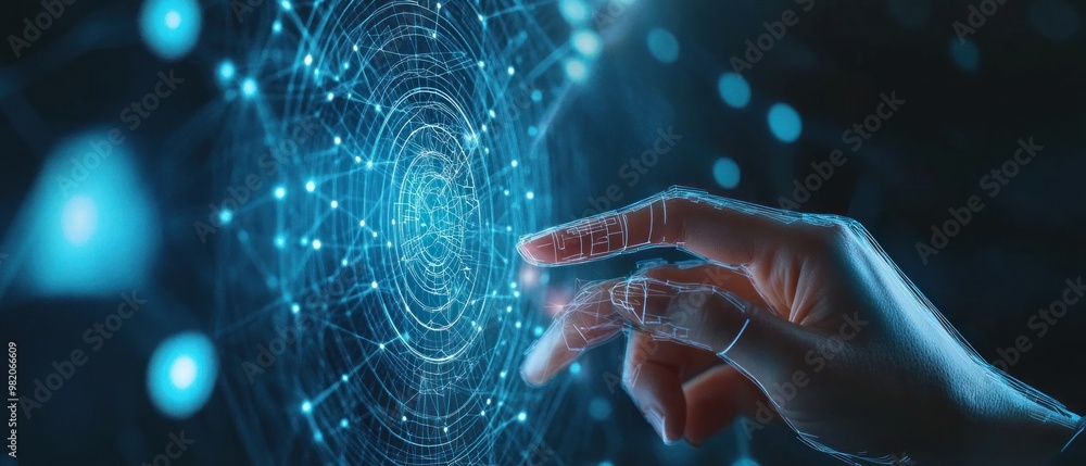 Poster a hand interacting with a digital interface, symbolizing technology and connectivity.