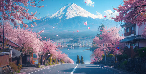 Beautiful view of Mount Fuji with cherry blossoms, a street in the foreground, a lake and mountains behind, pink flowers everywhere. Generative AI.