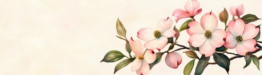 Dogwood blossoms, soft pastel tones, gentle watercolor sketch, botanical illustration, fine floral details, elegant hand-drawn composition