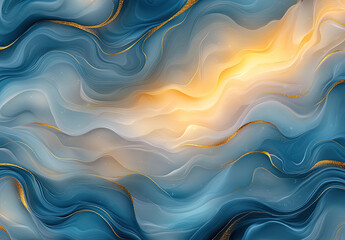 Obraz premium Blue and white wavy background with golden shine. Created with Ai