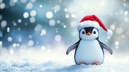 A cute penguin wearing a Santa hat in the snow.