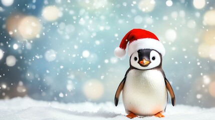 A penguin wearing a Santa hat stands in the snow with a festive background.