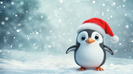 A cute penguin wearing a Santa hat stands in a snowy scene with a festive backdrop.
