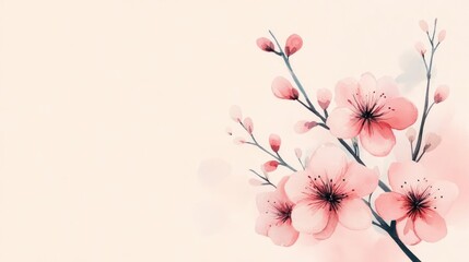 Naklejka premium Flowering shrubs, soft pastel pink blooms, artistic watercolor illustration, delicate brushstrokes, botanical design, serene hand-drawn style