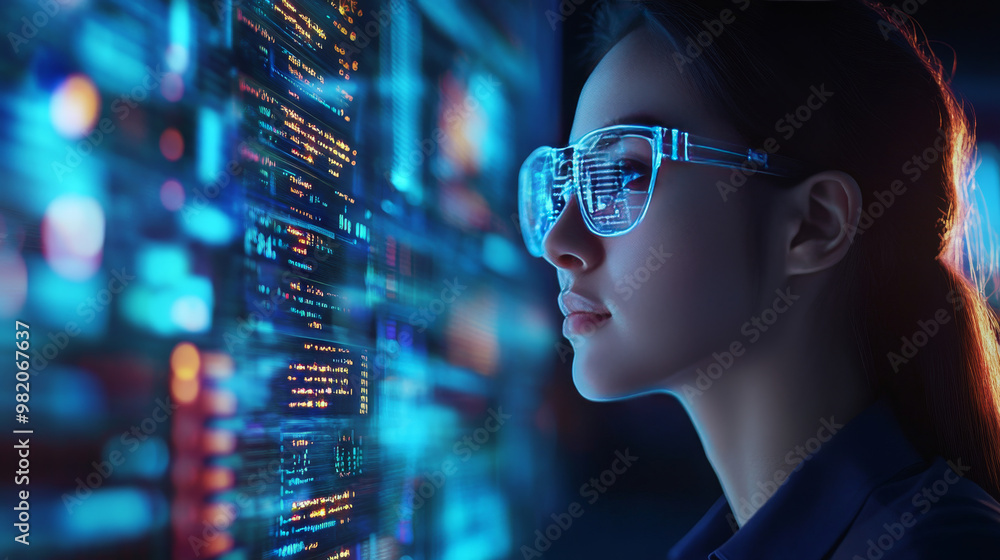 Wall mural a woman wearing glasses contemplates data analytics while interacting with a holographic interface d
