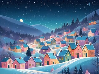 Fototapeta premium abstract pastel Village christmas landscape in snowfall hand drawn crayon or pencil house in falling snowflakes. City town like childs drawing doodle cozy hut.