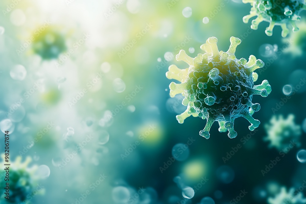 Poster close-up of a virus particle with a blurry background.