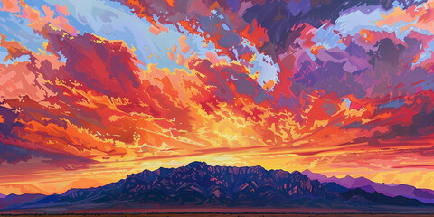 Vibrant Sunset Over Desert Mountain Range and Sagebrush