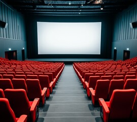 Fototapeta premium Empty Cinema Hall With Red Seating and a Large Screen Ready for the Next Movie Showing in the Evening