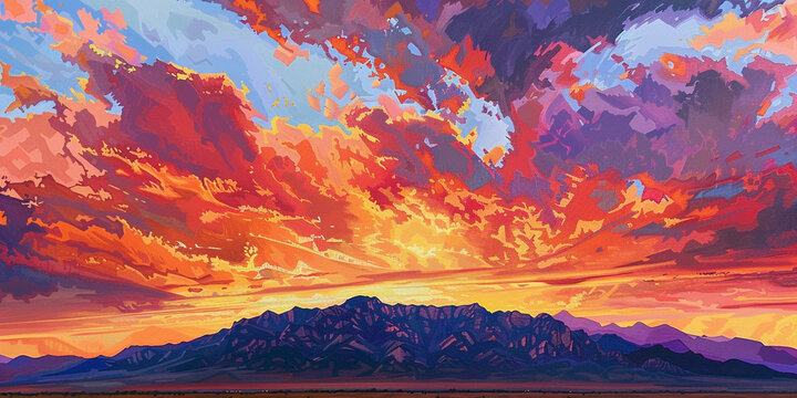 Vibrant Sunset Over Desert Mountain Range and Sagebrush