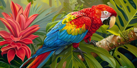 Obraz premium Colorful Parrot Perched Amongst Jungle Leaves