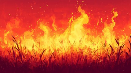 Vibrant Flames Engulf Dry Grass in a Dramatic Display of Fire During a Summer Evening in a Rural Landscape