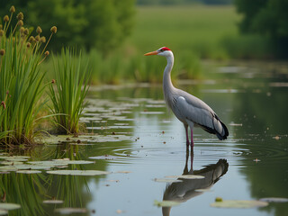 Naklejka premium Elegantly Poised Heron with Vibrant Red Crown Stands in Tranquil Waters Surrounded by Lush Greenery, Aquatic Plants, Grasses, and Lily Pads, Showcasing Nature' Harmonious Beauty in Serene Setting