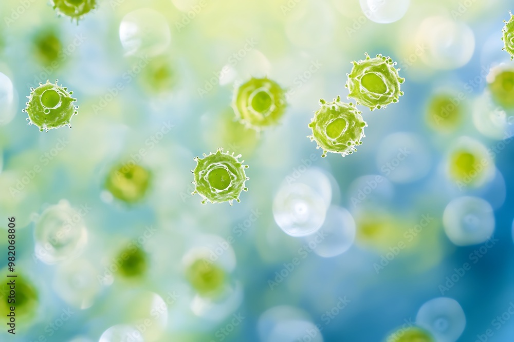 Poster abstract microscopic image of green cells with a blurred background.