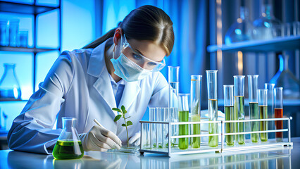 Female Doctor With Test Tubes Study Effect Of Innovative Medicine, Biotechnology Research Laboratory, Biotechnology concept